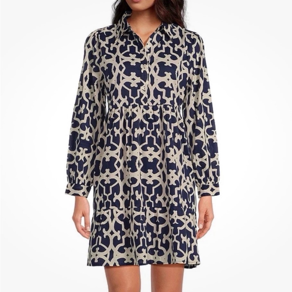 NWT Ro's Garden Romy Navy White Geometric Long Sleeve Cotton Mini Dress Sz L